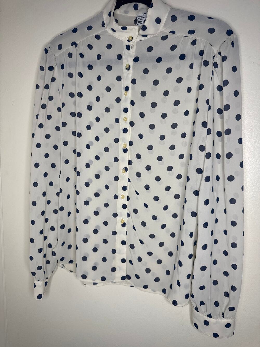Vintage 70s Campus Casuals- white/ navy blue polkadot top -long sleeve sheer M/L